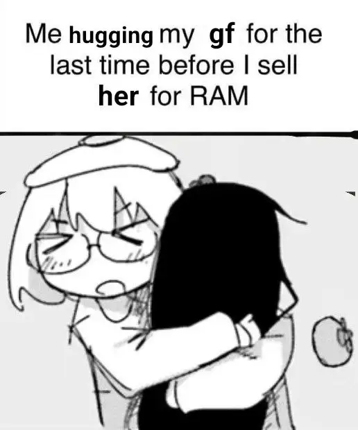 A drawing of two women hugging captioned with "Me hugging my gf got the last time before I sell her for RAM".