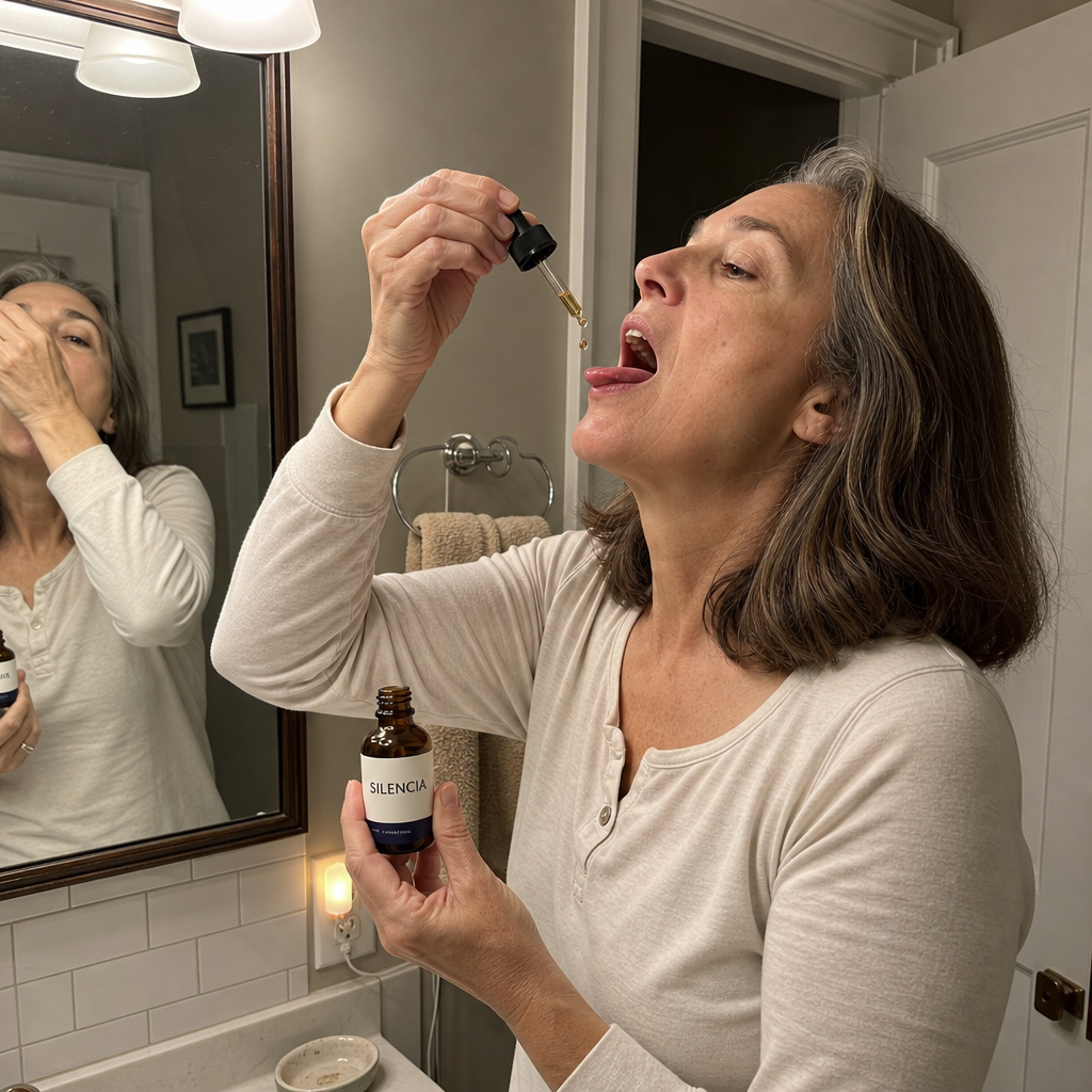 Woman applying two Silencia drops under her tongue in front of the bathroom mirror at night.