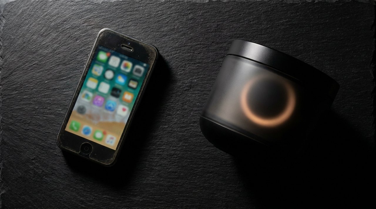 Overhead view: a traditional smartphone on the left, a screenless AI device on the right