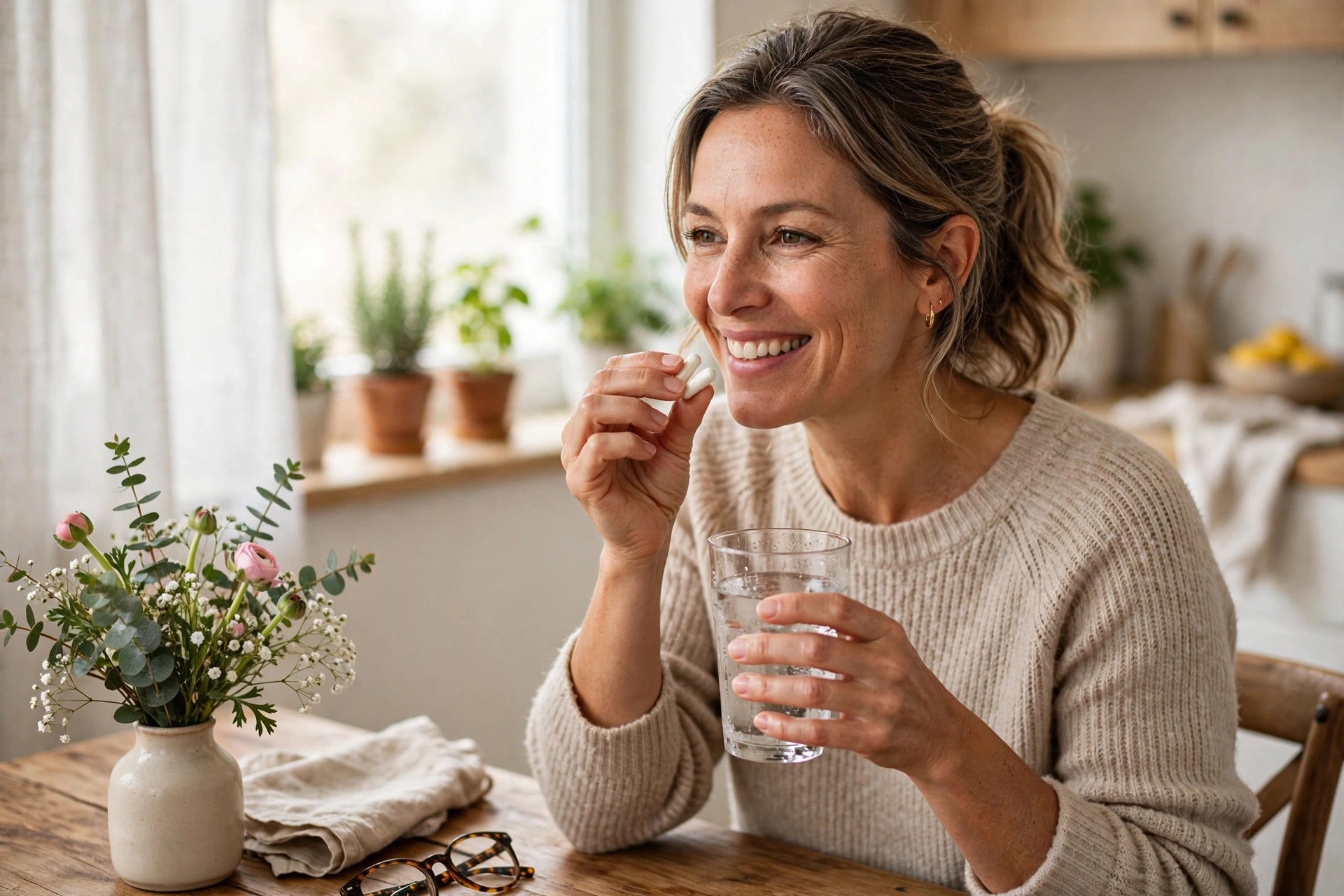Woman in her 40s taking Thyrafemme Balance capsules with water at breakfast