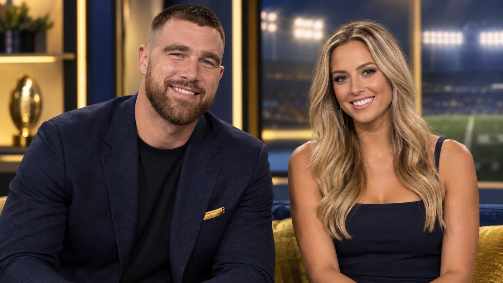 AI editorial composite showing Travis Kelce beside Avery Schlereth
