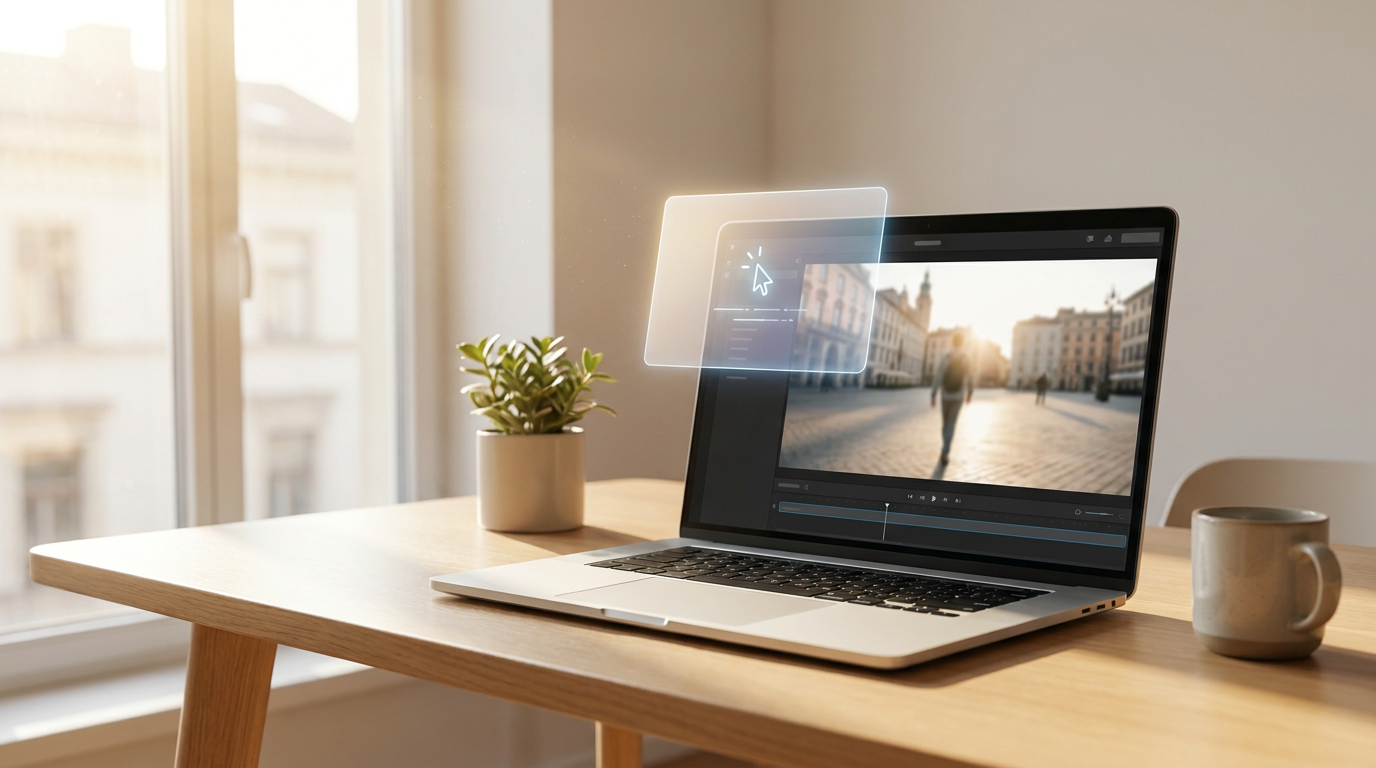 Laptop screen showing Gemini Omni Flash video editing interface with a person walking in a city, demonstrating conversational editing capabilities.