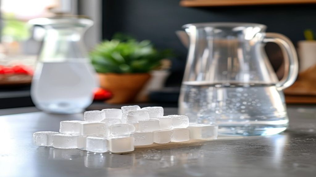Clean ice maker cubelet on a kitchen counter beside a pitcher of filtered water