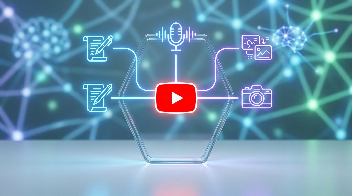 AI interface showing modules for script, voice, and visuals connecting to a YouTube play button, illustrating AI-powered content creation for faceless YouTube channels.