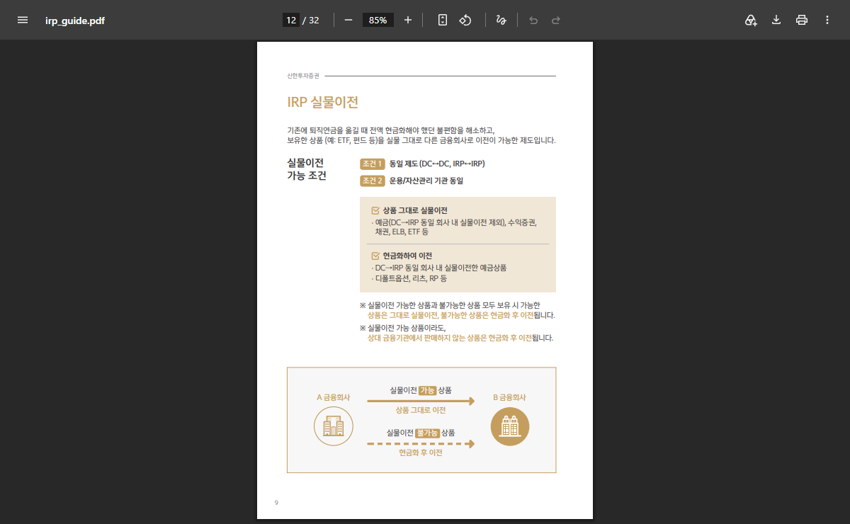 신한투자증권의 실물이전 가능 상품 유지와 불가 상품 현금화 안내