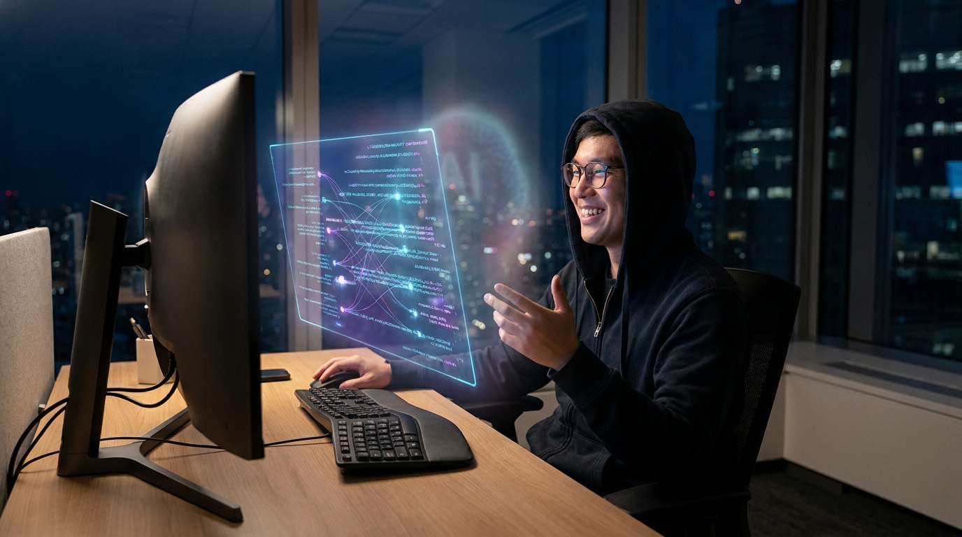 Creator confidently overseeing Claude Code dynamic workflows on a holographic interface.