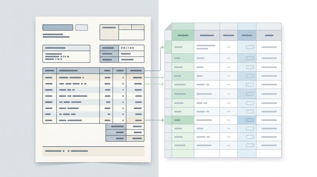 Split view of a scanned invoice PDF and the resulting structured Excel spreadsheet with transaction rows