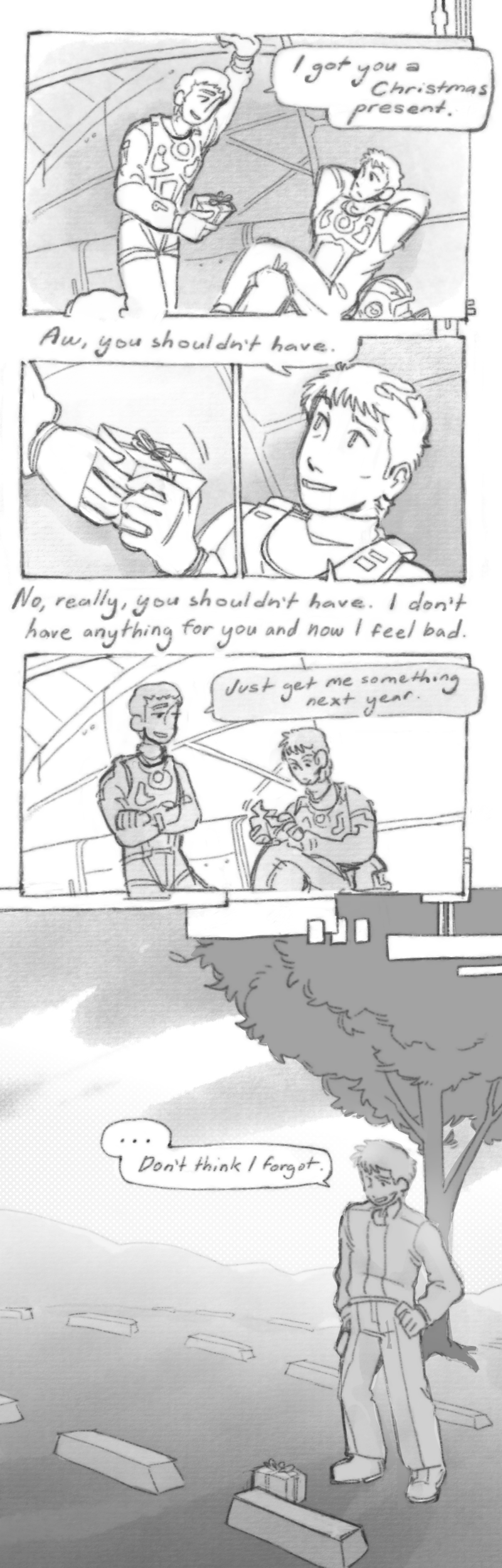 Panel 1: Ivan Konev presents a wrapped gift to Olivier Poplin, saying, "I got you a Christmas present." Panel 2-3: Poplin accepts the present saying, "Aw, you shouldn't have. No, really, you shouldn't have. I don't have anything for you and now I feel bad." Panel 4: Konev says, "Just get me something next year," while Poplin unwraps the gift. Panel 5: Later, Poplin stands in a graveyard on Heinessen, a gift on the ground in front of a grave. He says, "... Don't think I forgot."