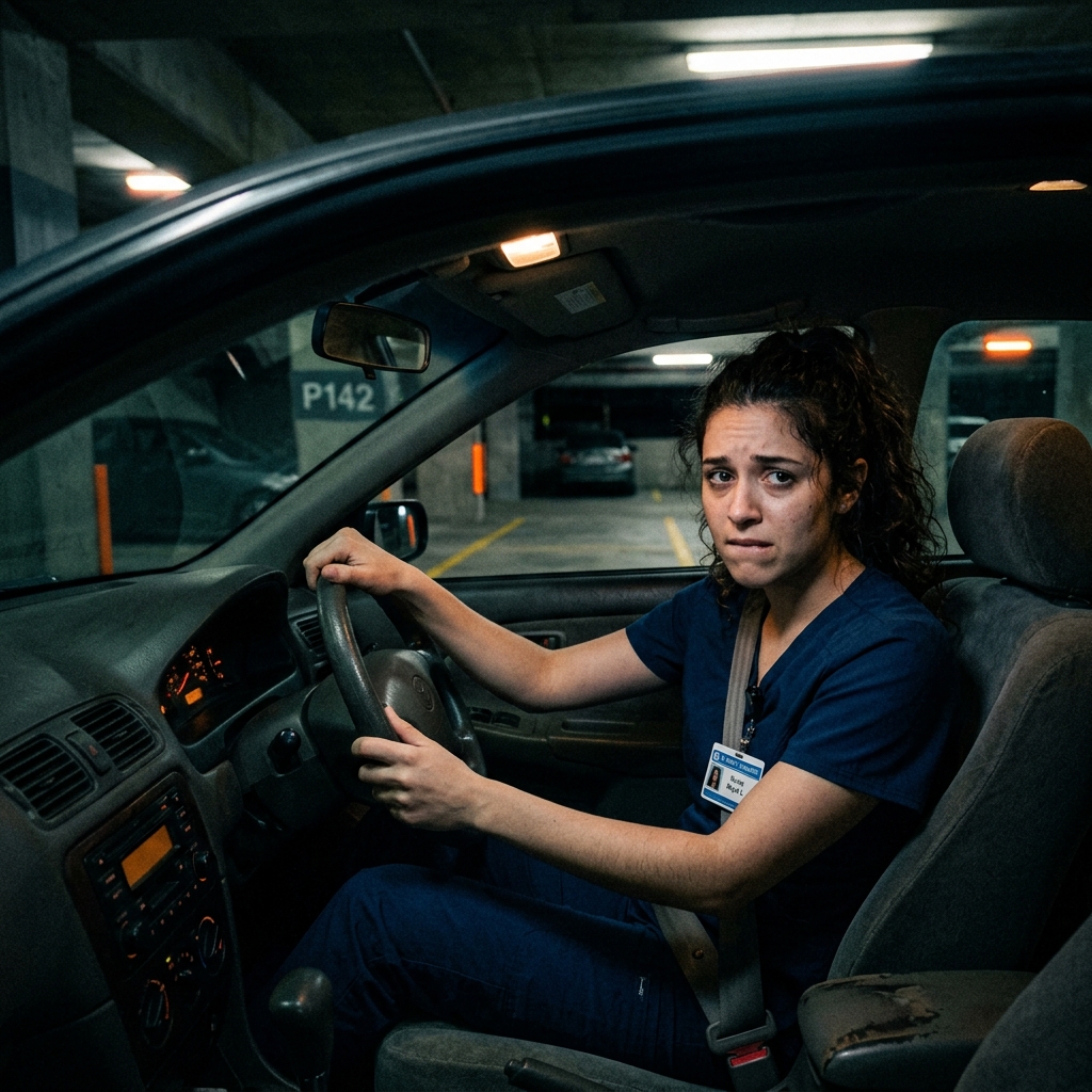 Anxious nurse sitting in her car in the parking garage