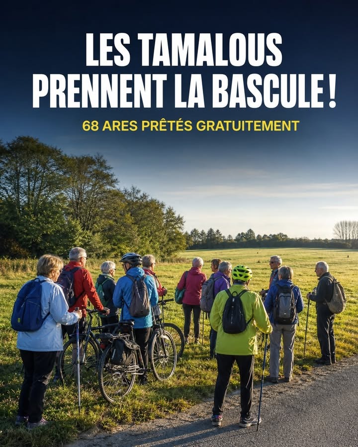 Un groupe de cyclistes seniors avec des sacs à dos et des bâtons se regroupe sur une route de campagne bordée de champs et d'arbres.