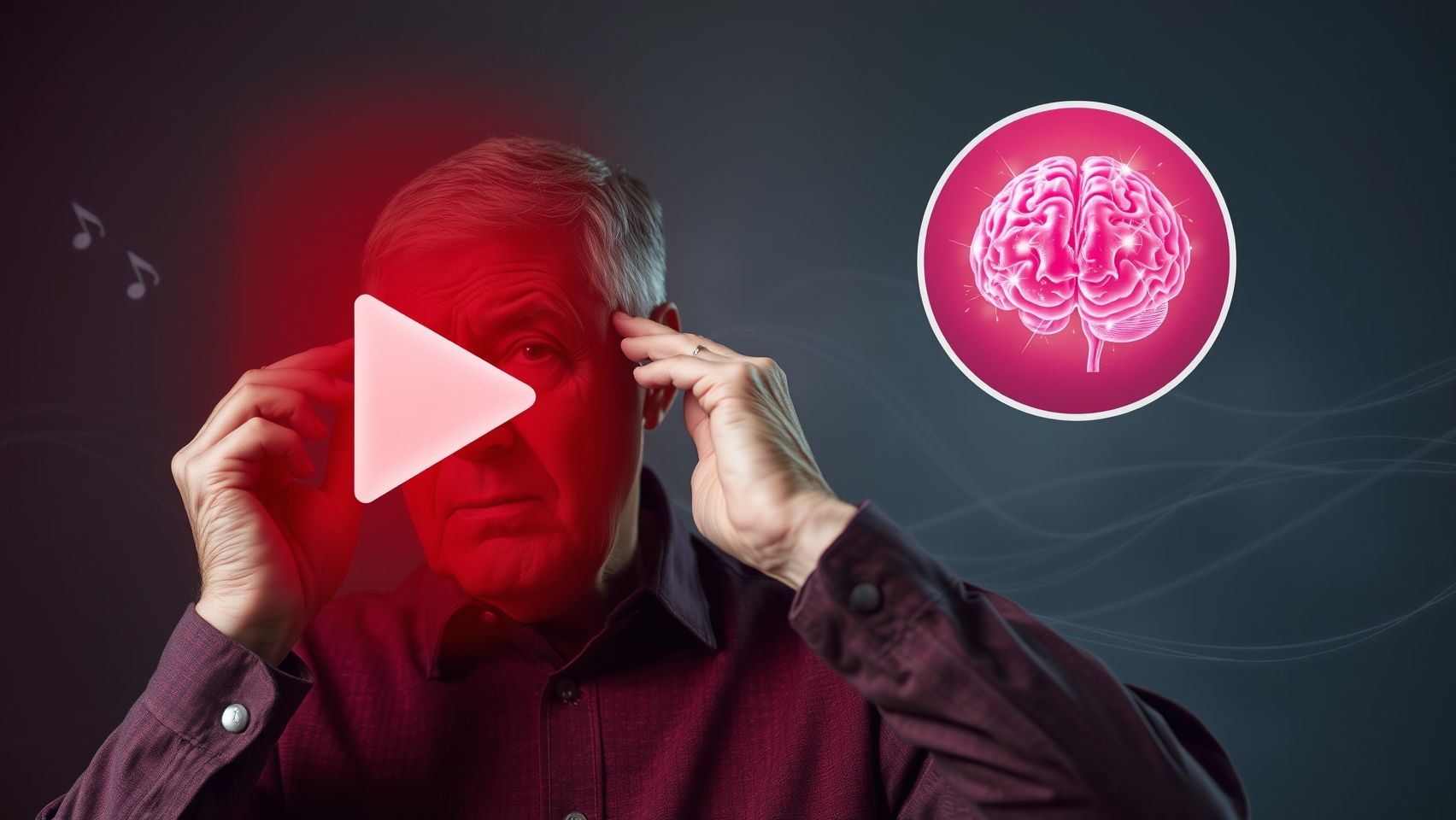 A person in their 50s, looking distressed, hands over ears, surrounded by faint, swirling lines representing irritating sounds. No text on the image. A prominent, centered YouTube-style play button in red with a white triangle. In the top-right corner, a small, circular inset image showing a stylized brain with subtle glowing neural pathways, indicating cognitive function improvement, hinting at the central nervous system