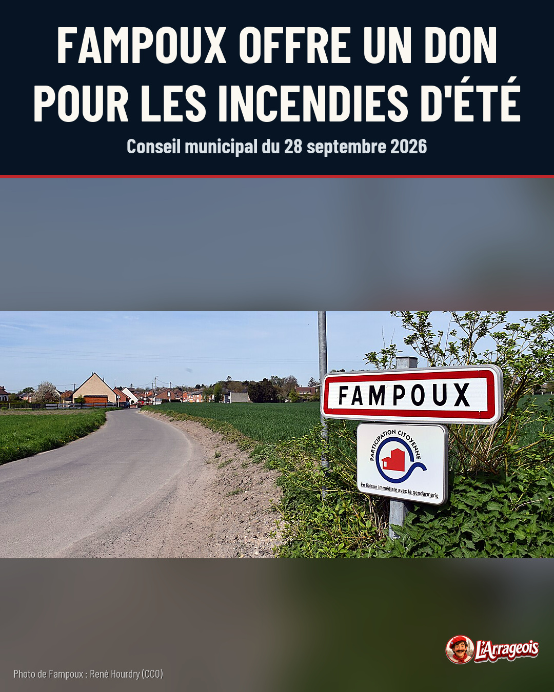 Une route de campagne sinueuse bordée de champs verts, avec un panneau de signalisation indiquant le village de Fampoux et un logo de participation citoyenne.