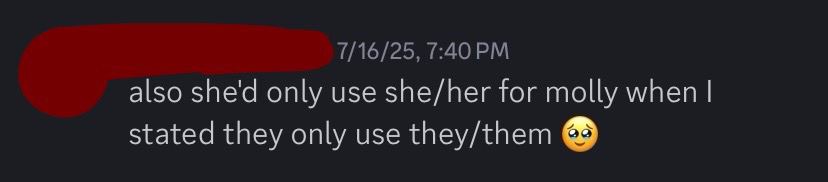 chem explaining that a oc of his used they/them, but mel would only use she/her for them