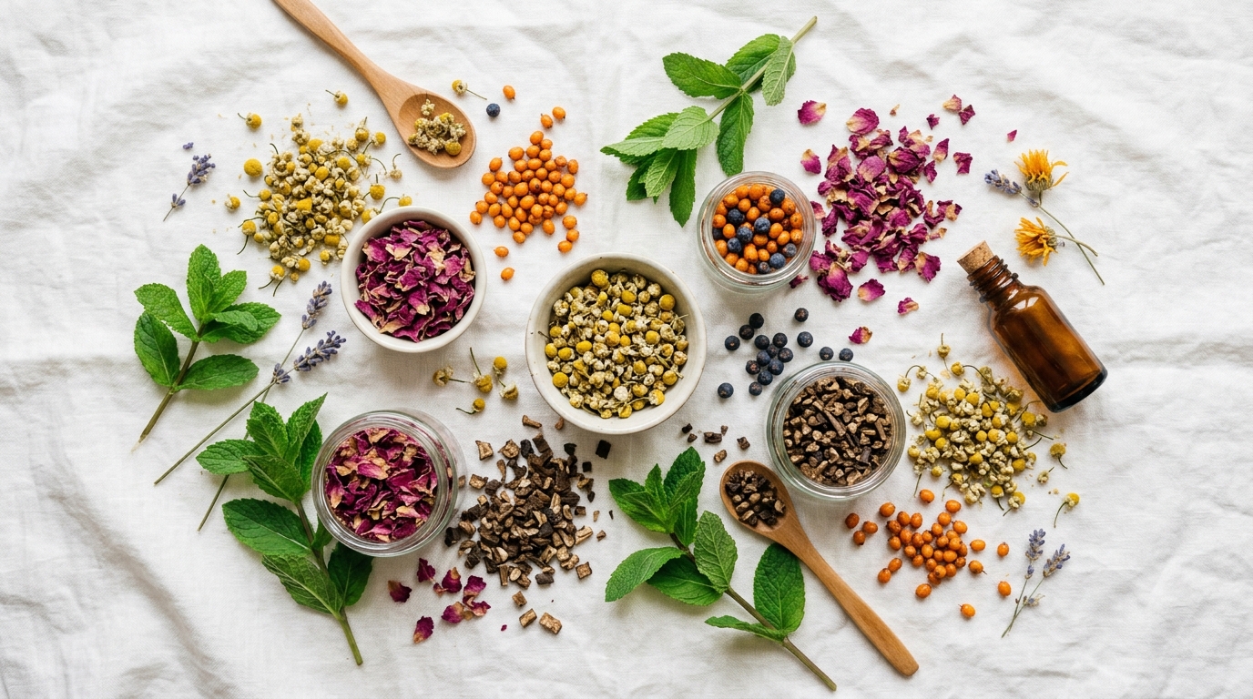 Best Herbs for Female Hormonal Balance Botanical herbal flat lay with berries, dried chamomile, rose petals and spearmint sprigs on white linen