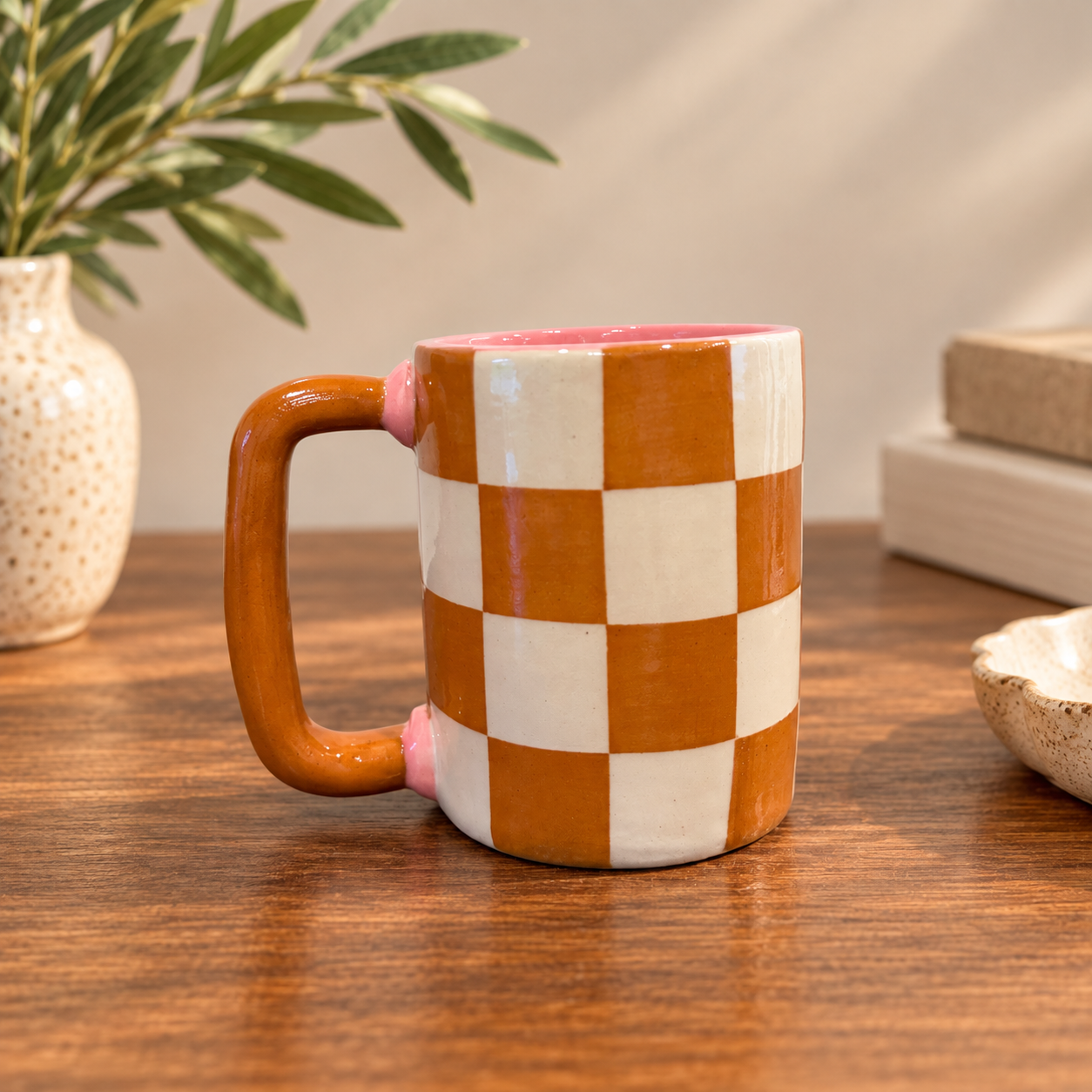 Hand-built mug with a brown and cream checkerboard pattern and a pink interior