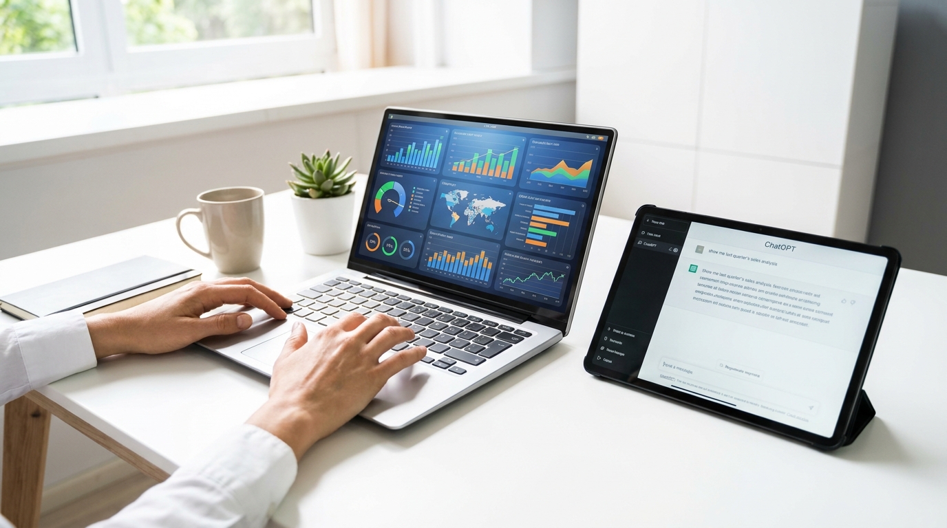 Laptop screen showing an AI-generated data dashboard from ChatGPT Work Data Agent, with a tablet displaying a natural language query.