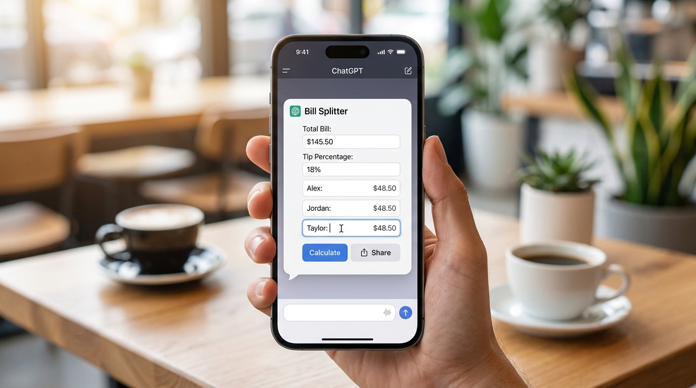 Screenshot of a ChatGPT conversation on a phone, showing an interactive bill splitter mini-application generated by GPT-6 Intelligent UI with editable fields and dynamic calculations.