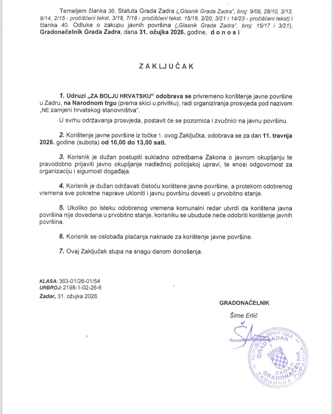 Odobren zahtjev za održavanje prosvjeda u Zadru