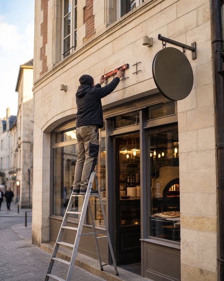Un homme en veste noire et pantalon beige, sur une échelle, ajuste une plaque de nom sur la façade d'un commerce.