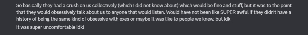 mel's obsessive crush behavior as stated by an old friend of hers. she still continues to exhibit these behaviors today, claiming that she is characters who are seen as "obsessive" lovers, and listening to songs specifically about stalking and obsessive love