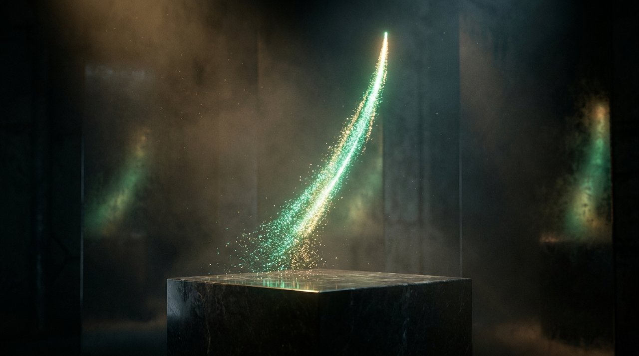 A steep upward-trending glowing arc of emerald and gold light suggesting explosive growth
