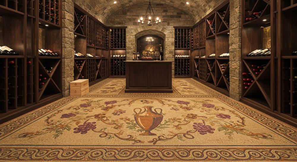 Ancient Roman-inspired mosaic floor art in a luxury wine cellar, showcasing intricate patterns and rich, earthy tones.
