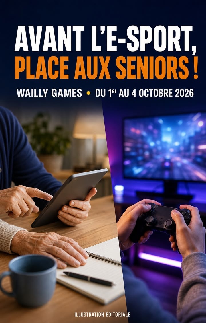 Deux mains âgées manipulent une tablette et un cahier à gauche, tandis qu'à droite, des mains jeunes tiennent une manette de jeu devant un écran lumineux.
