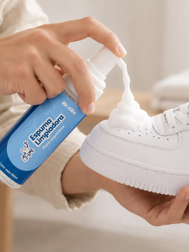 Aplicando espuma MR.GLIX sobre zapatilla
