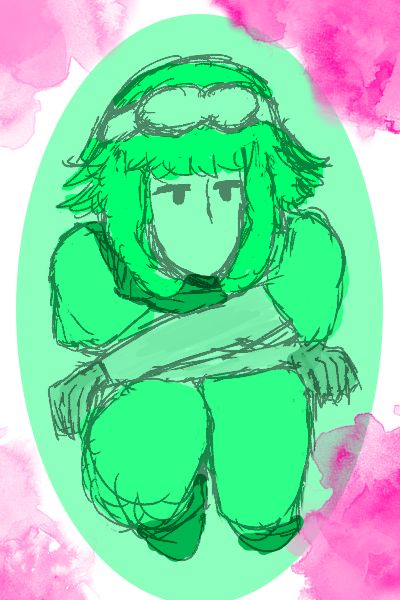 a painted sketch of the vocaloid GUMI in her design from the Flavor Foley track Water the Roses. She is depicted as sitting with her knees hugging her chest, her arms curled atop her knees.