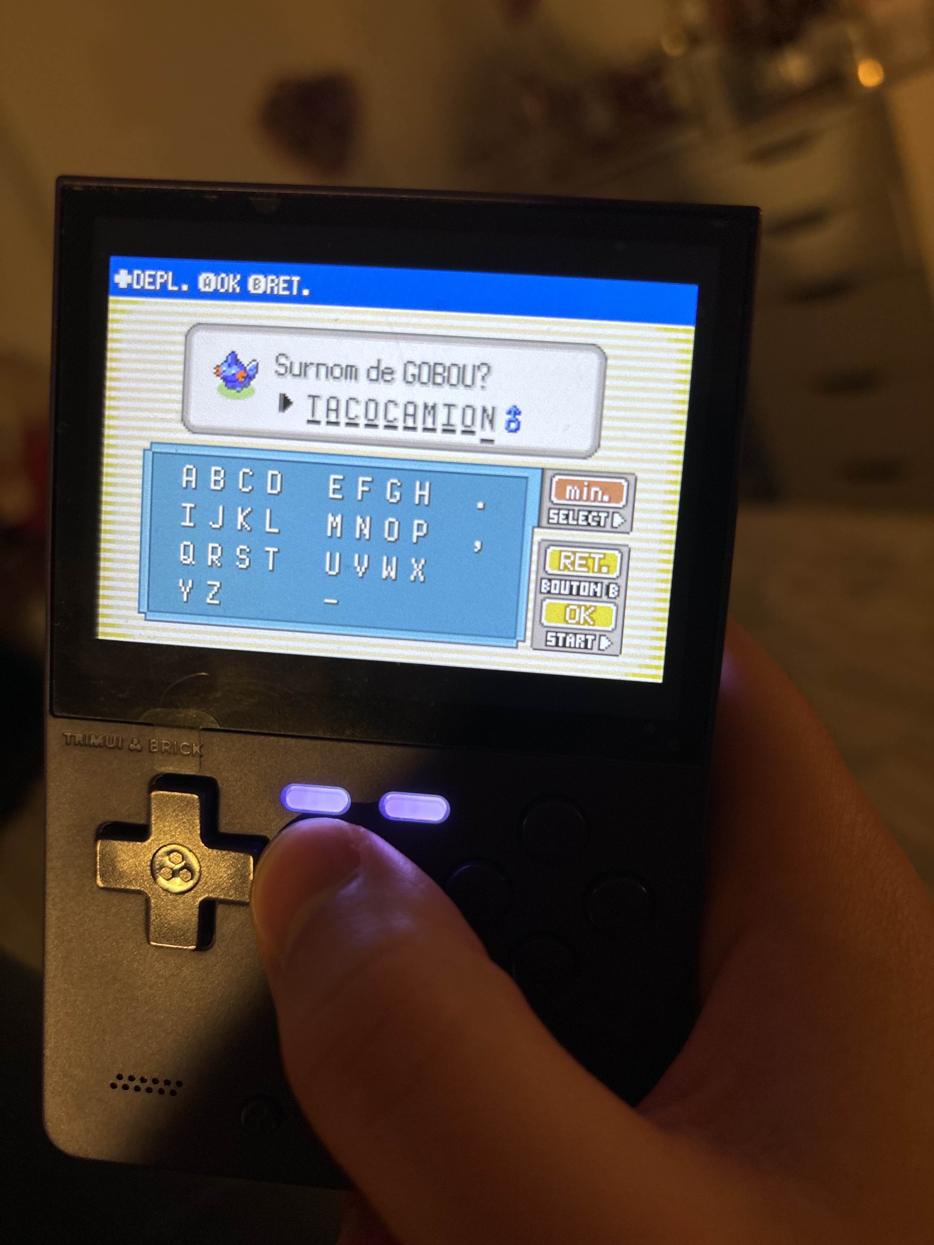 pokemon emerald mudkip naming screen on trimui brick