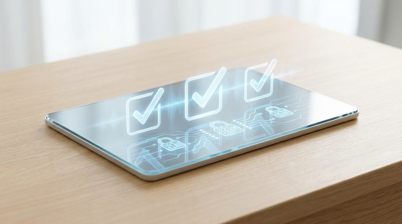 Voice AI privacy and safety checklist with checkmarks.