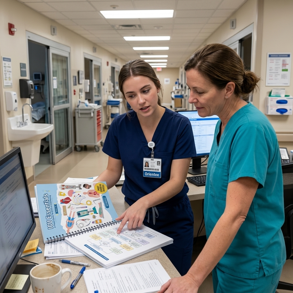 New grad orientee explaining to senior nurse at station