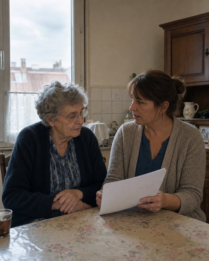 Deux femmes assises à une table en cuisine, l'une plus jeune tient un document et parle à une femme âgée aux cheveux gris.