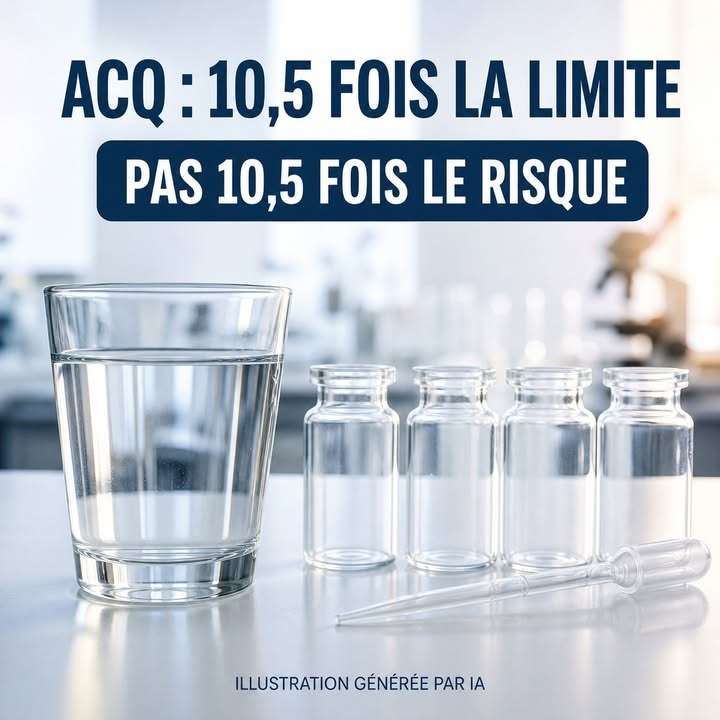 Un verre d'eau et quatre flacons vides sur une table, avec une pipette, sur fond de laboratoire flou.