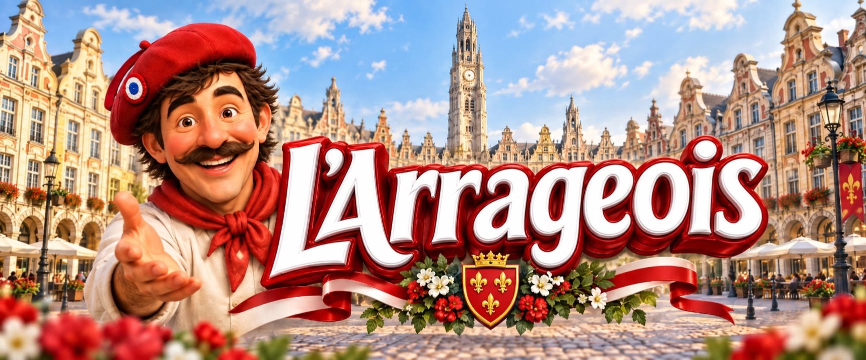 Un personnage cartoon au bonnet rouge et moustache salue devant la place de l'Hôtel de Ville d'Arras, avec le logo L'Arrageois.