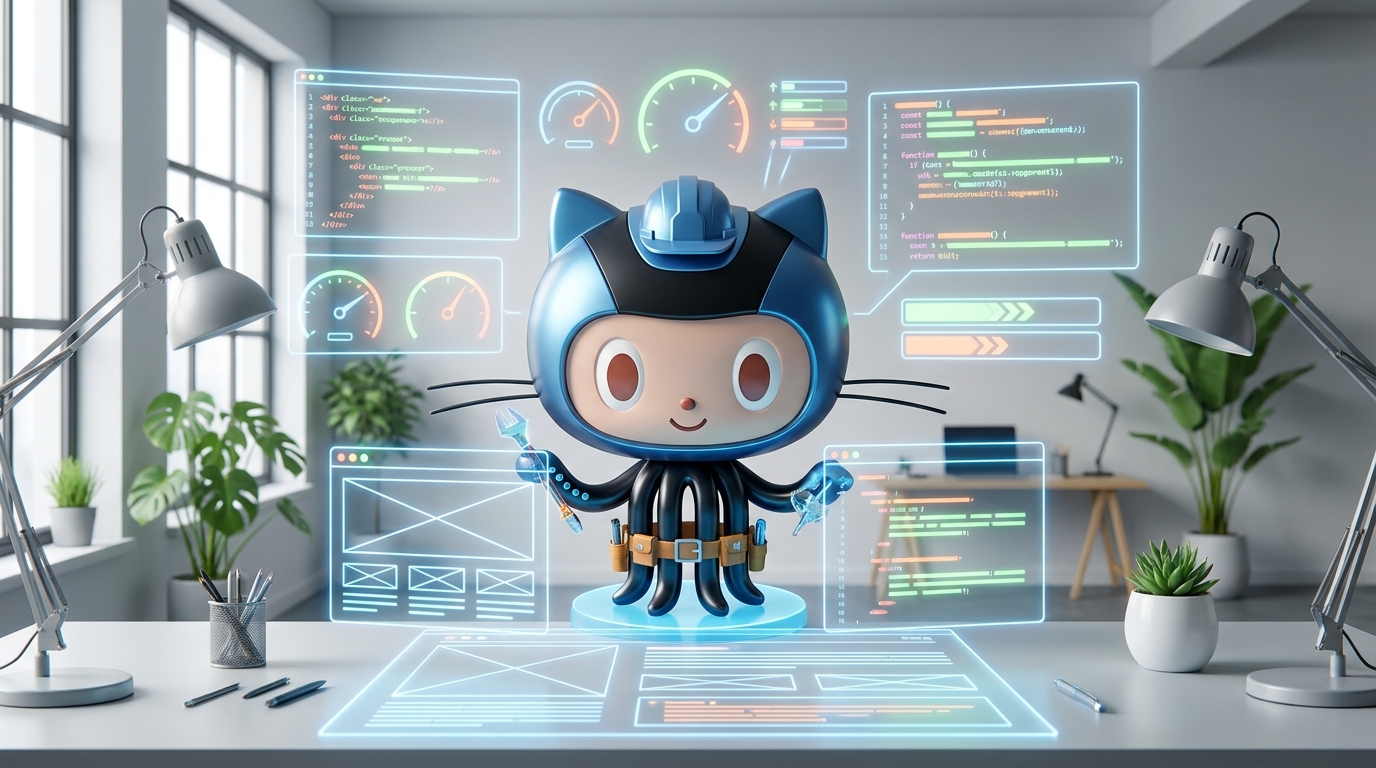 GitHub Octocat building a fast webpage, symbolizing improved GitHub site performance with CSS Modules.