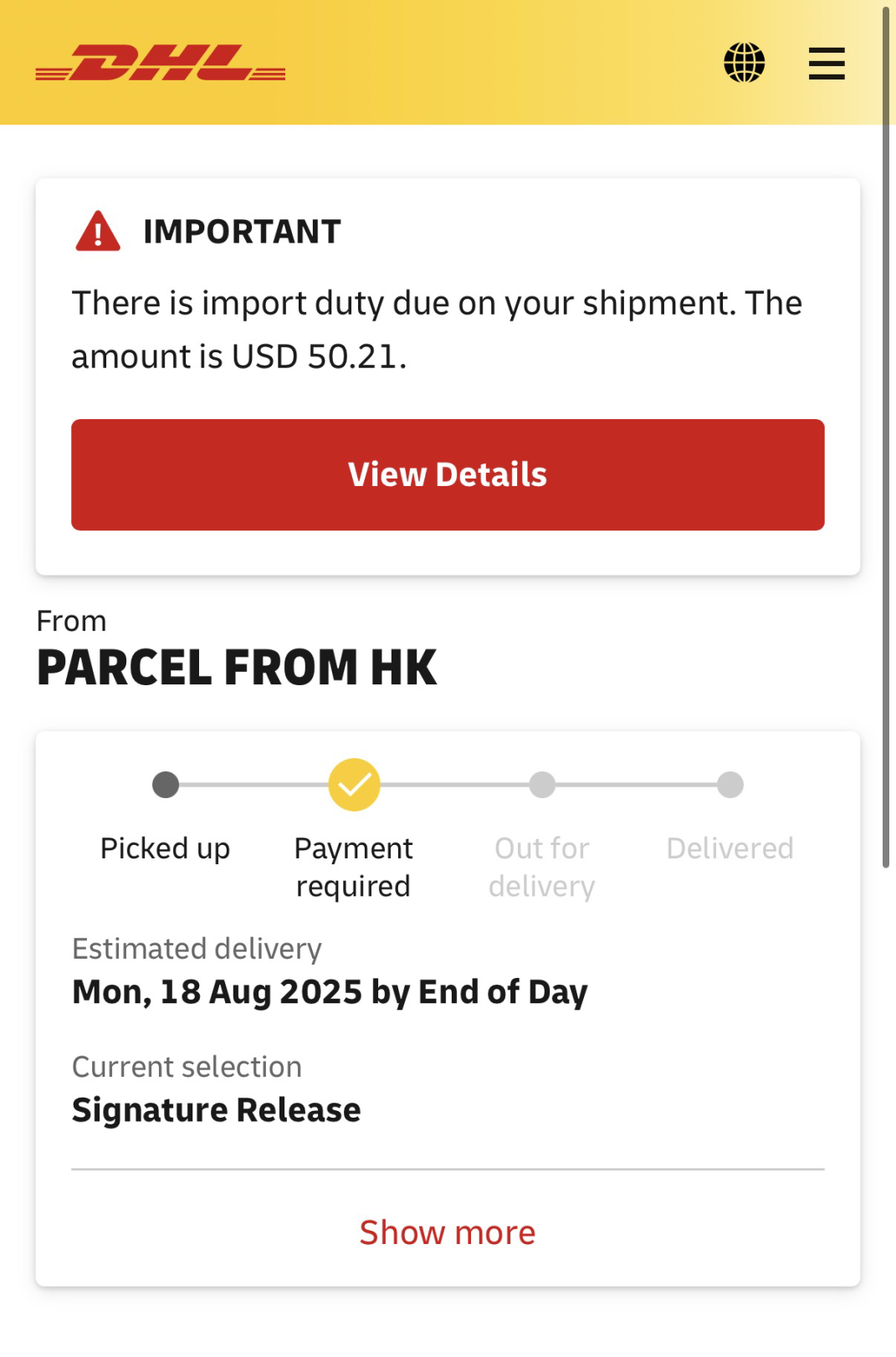 A screenshot of DHL