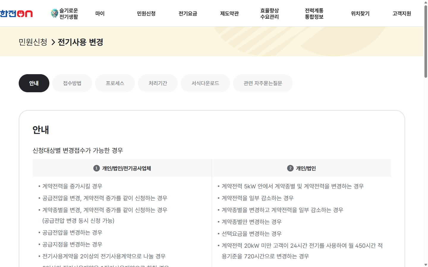 한전ON에서 전기사용 계약과 명의 관련 업무를 확인하는 공개 화면