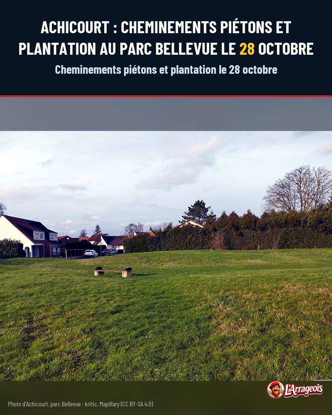 Une pelouse verte en premier plan, des maisons et des arbres en arrière-plan sous un ciel nuageux.