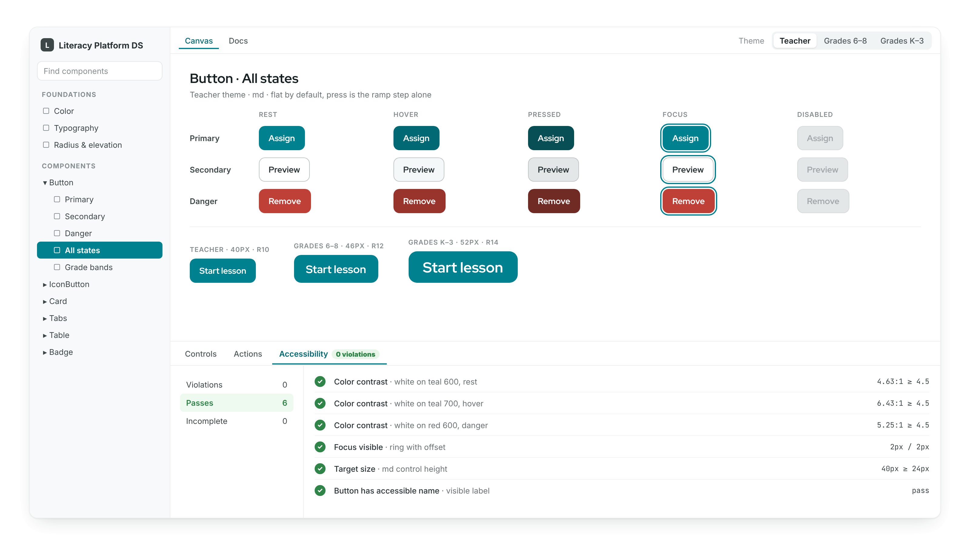 Storybook showing the button component's states.