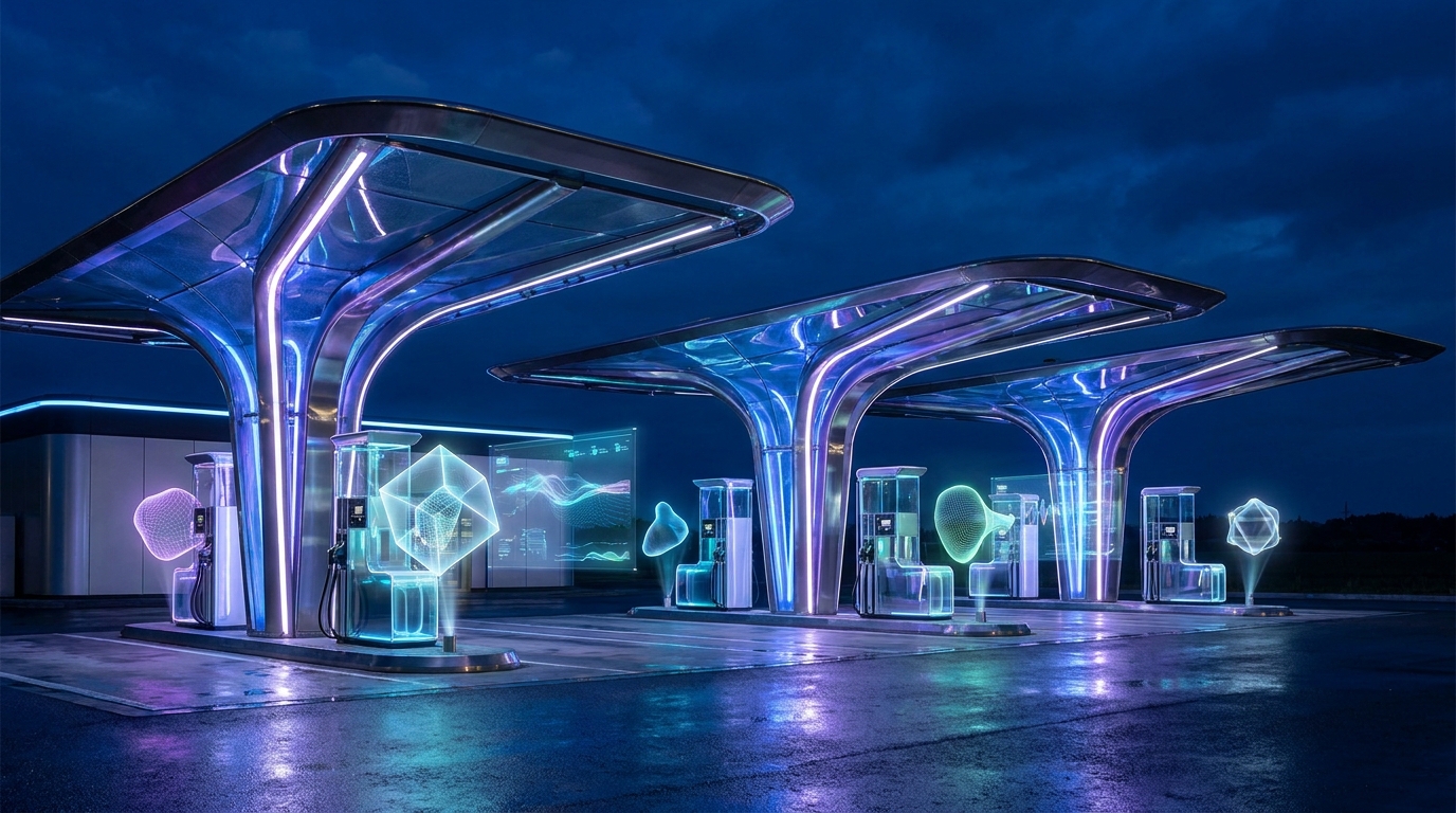 Futuristic AI gas station with glowing pumps and abstract digital entities, illustrating virtual content creation.