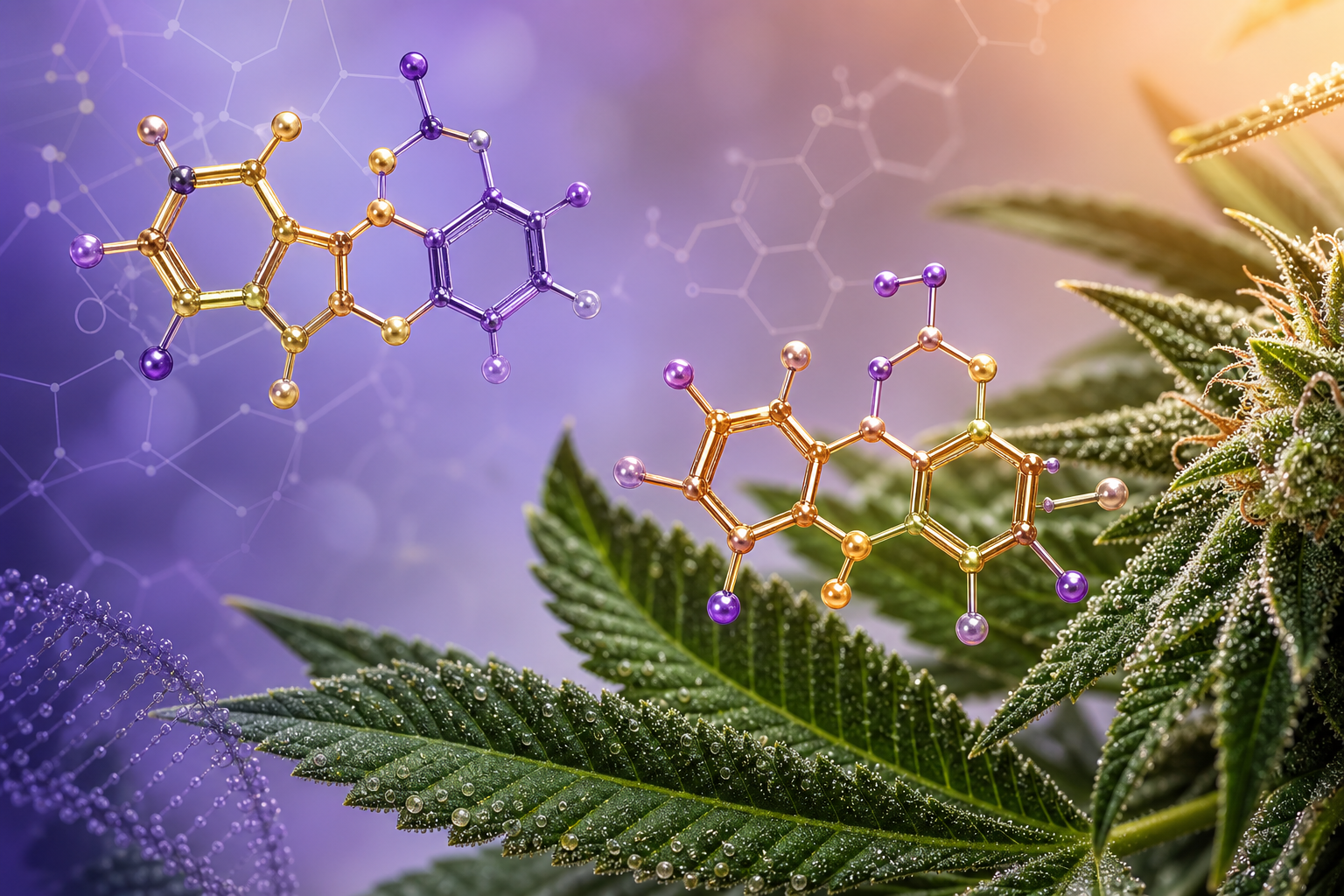Stilisierte Visualisierung der Cannflavin A und B Molekülstrukturen über Cannabisblatt — wissenschaftliche Forschung an Cannabis-Flavonoiden