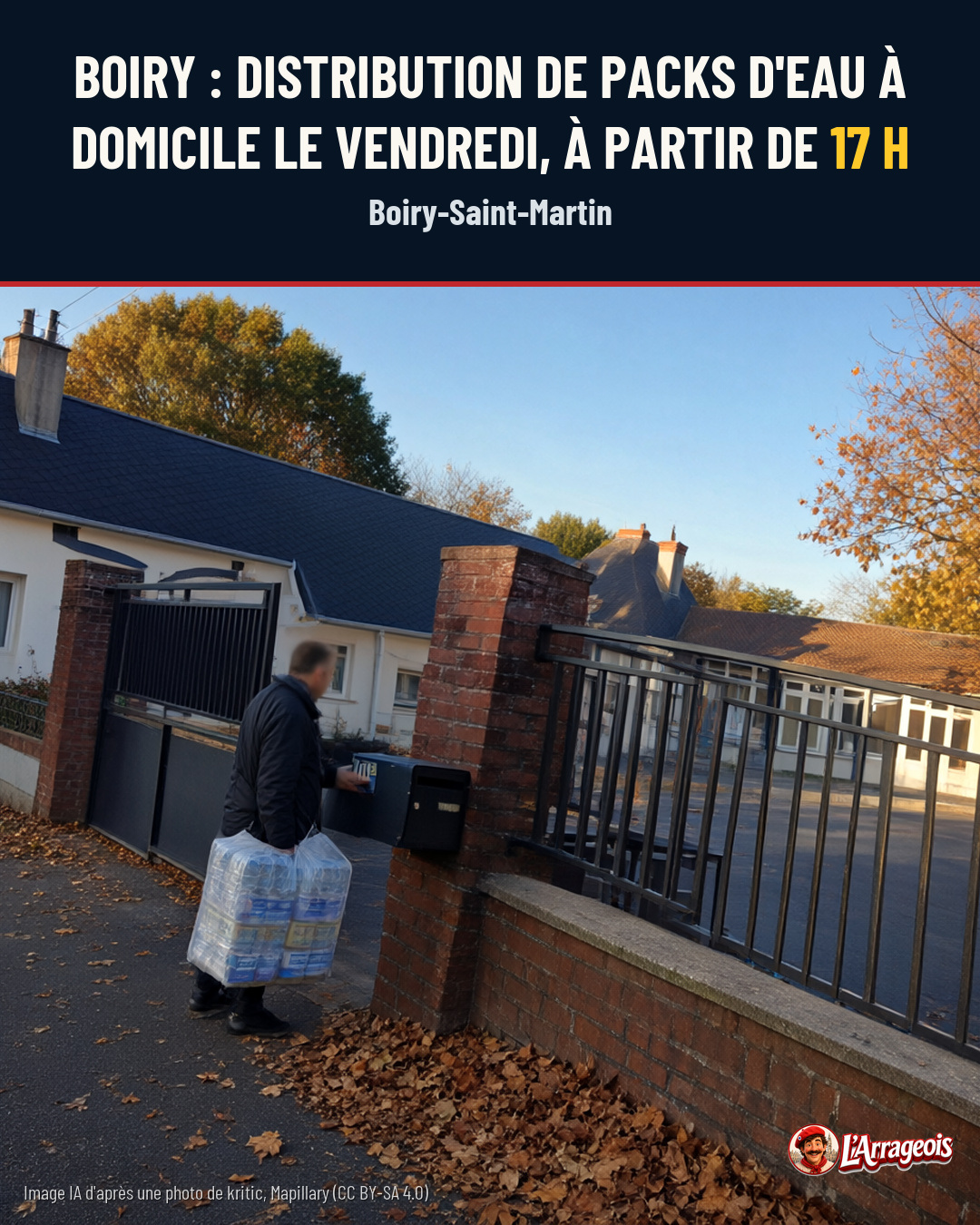 Un homme dépose des packs d'eau scellés dans une boîte aux lettres posée sur un mur de briques, devant une maison.