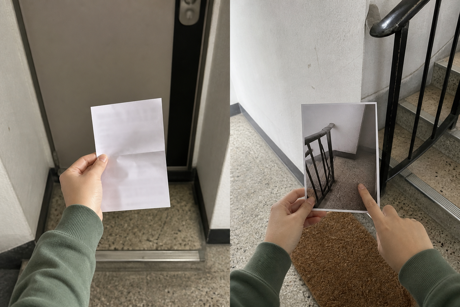 주문 때 약속한 현관문과 배송 사진 속 계단참을 비교하는 장면