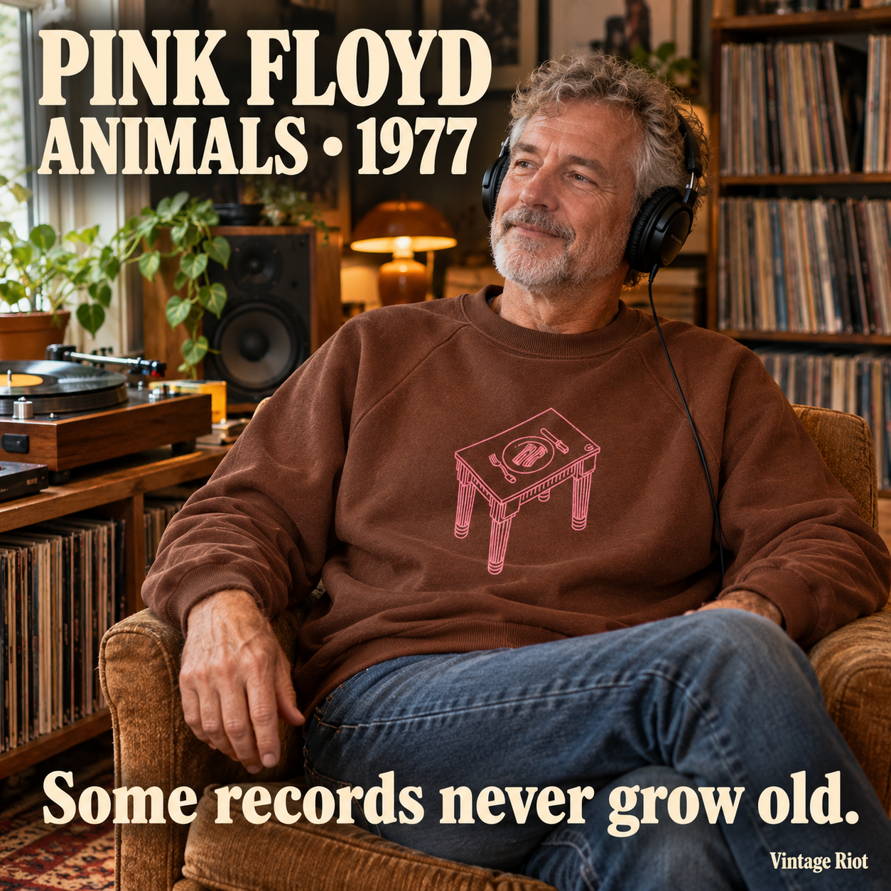 Illustrative wearing view of the Animals retro crewneck in a vinyl listening room