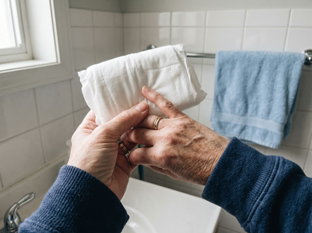 A woman's hand holding a disposable incontinence pad in a bathroom