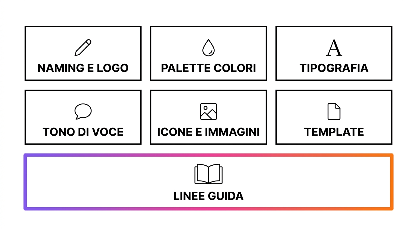 Diagramma dei sette componenti del sistema di brand identity: naming e logo, palette colori, tipografia, tono di voce, icone e immagini, template e linee guida