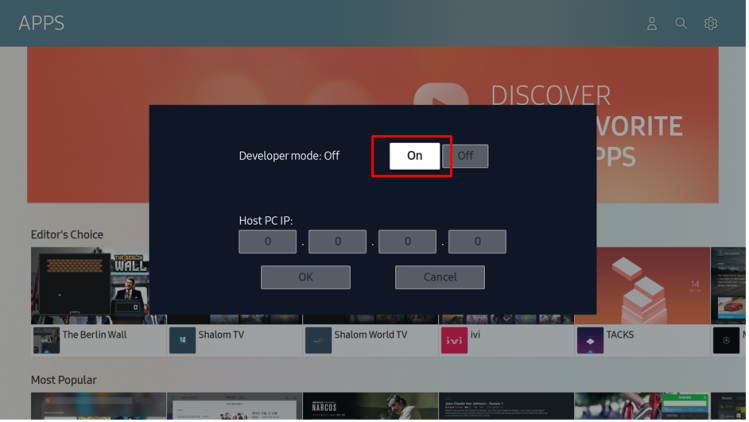 Captura de pantalla de una interfaz de usuario con un menú emergente de configuración. Un cuadro de diálogo azul oscuro se superpone a una pantalla de aplicaciones. El cuadro muestra opciones para 