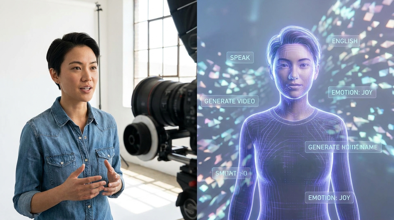 Split image showing a person recording and their personal AI avatar created by Gemini Omni Flash Google Vids in a video scene.