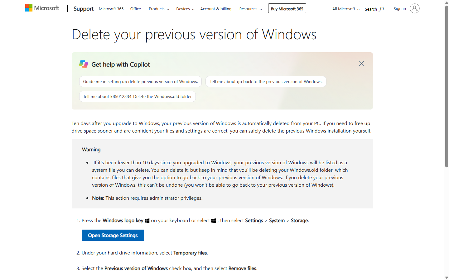 이전 Windows 설치를 삭제하면 이전 버전으로 돌아갈 수 없다는 Microsoft 경고